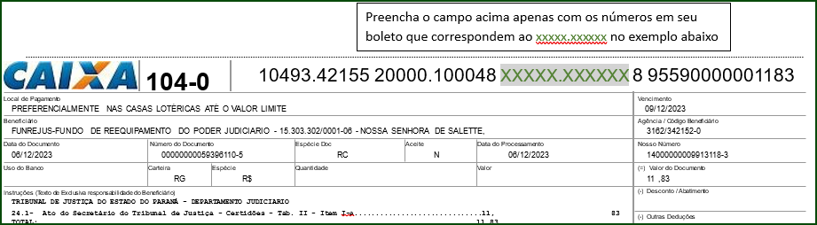 modelo informativo da numeração a ser preenchida